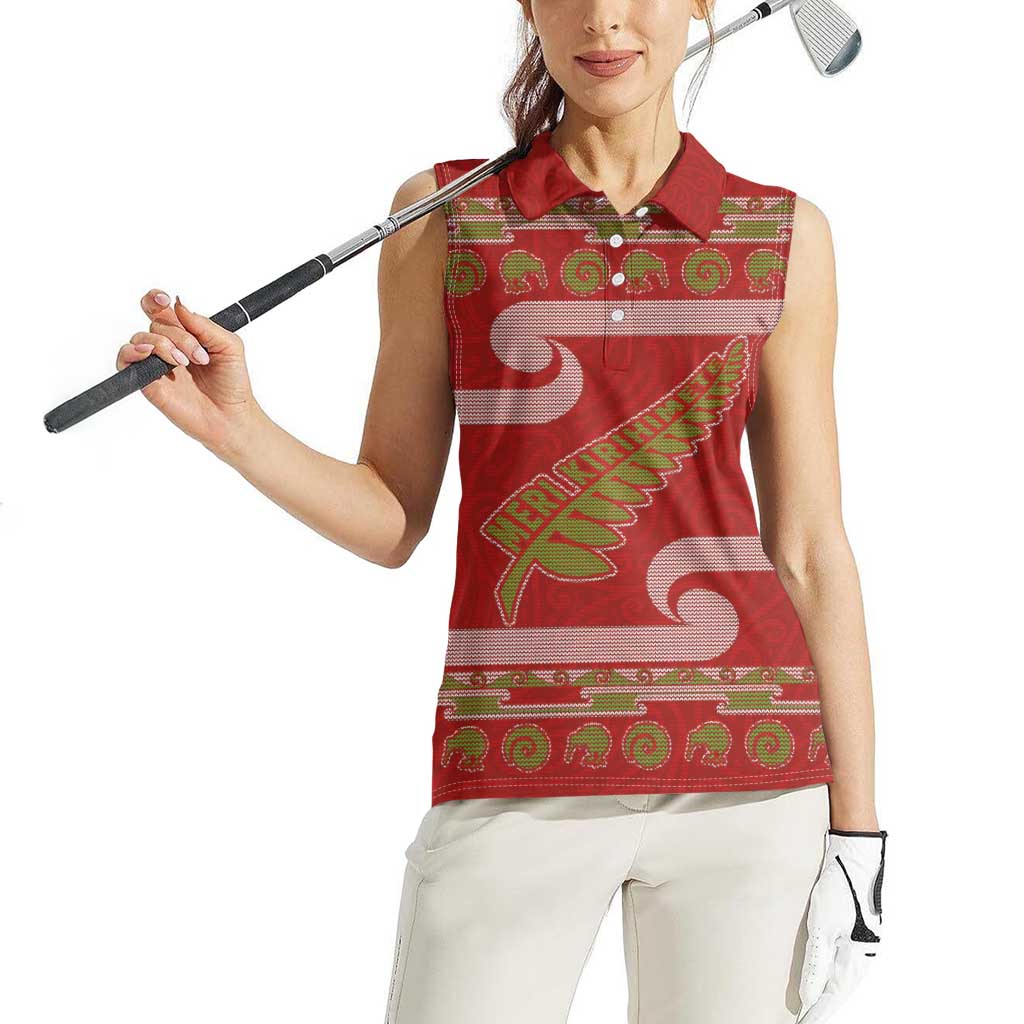 New Zealand Christmas Women Sleeveless Polo Shirt Meri Kirihimete Silver Fern Knit Style Green Color - Polynesian Pride
