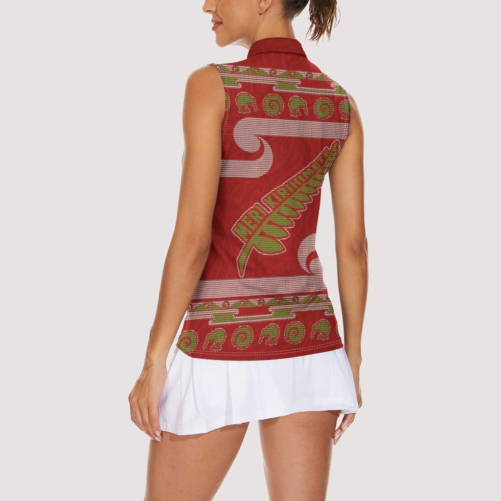 New Zealand Christmas Women Sleeveless Polo Shirt Meri Kirihimete Silver Fern Knit Style Green Color - Polynesian Pride