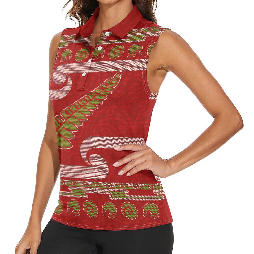 New Zealand Christmas Women Sleeveless Polo Shirt Meri Kirihimete Silver Fern Knit Style Green Color - Polynesian Pride