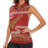 New Zealand Christmas Women Sleeveless Polo Shirt Meri Kirihimete Silver Fern Knit Style Green Color - Polynesian Pride
