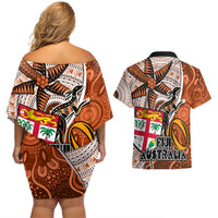 fiji-australia-rugby-couples-matching-off-shoulder-short-dress-and-hawaiian-shirt-kangaroo-and-palm-tree-orange-tapa-pattern-mix-aboriginal