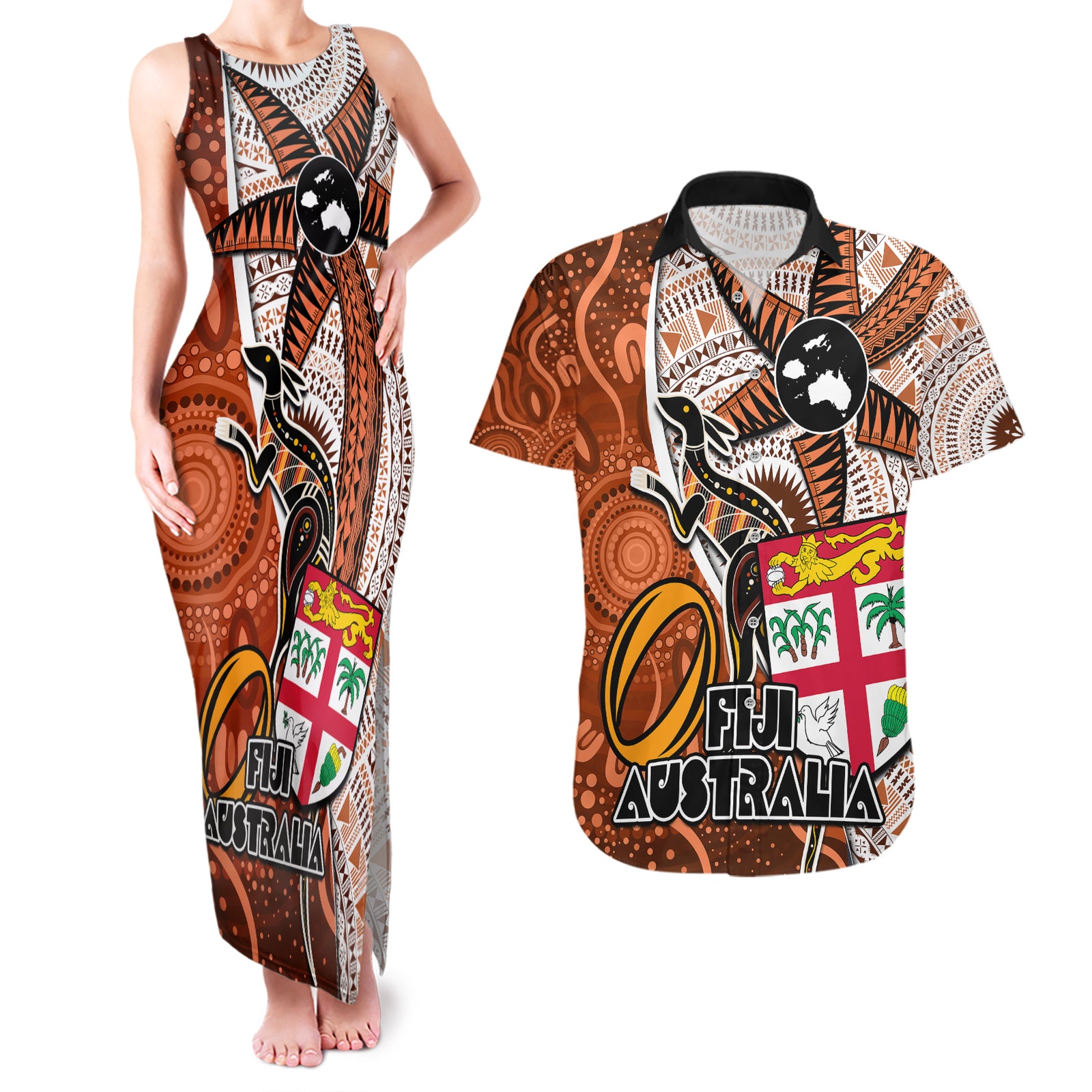 fiji-australia-rugby-couples-matching-tank-maxi-dress-and-hawaiian-shirt-kangaroo-and-palm-tree-orange-tapa-pattern-mix-aboriginal