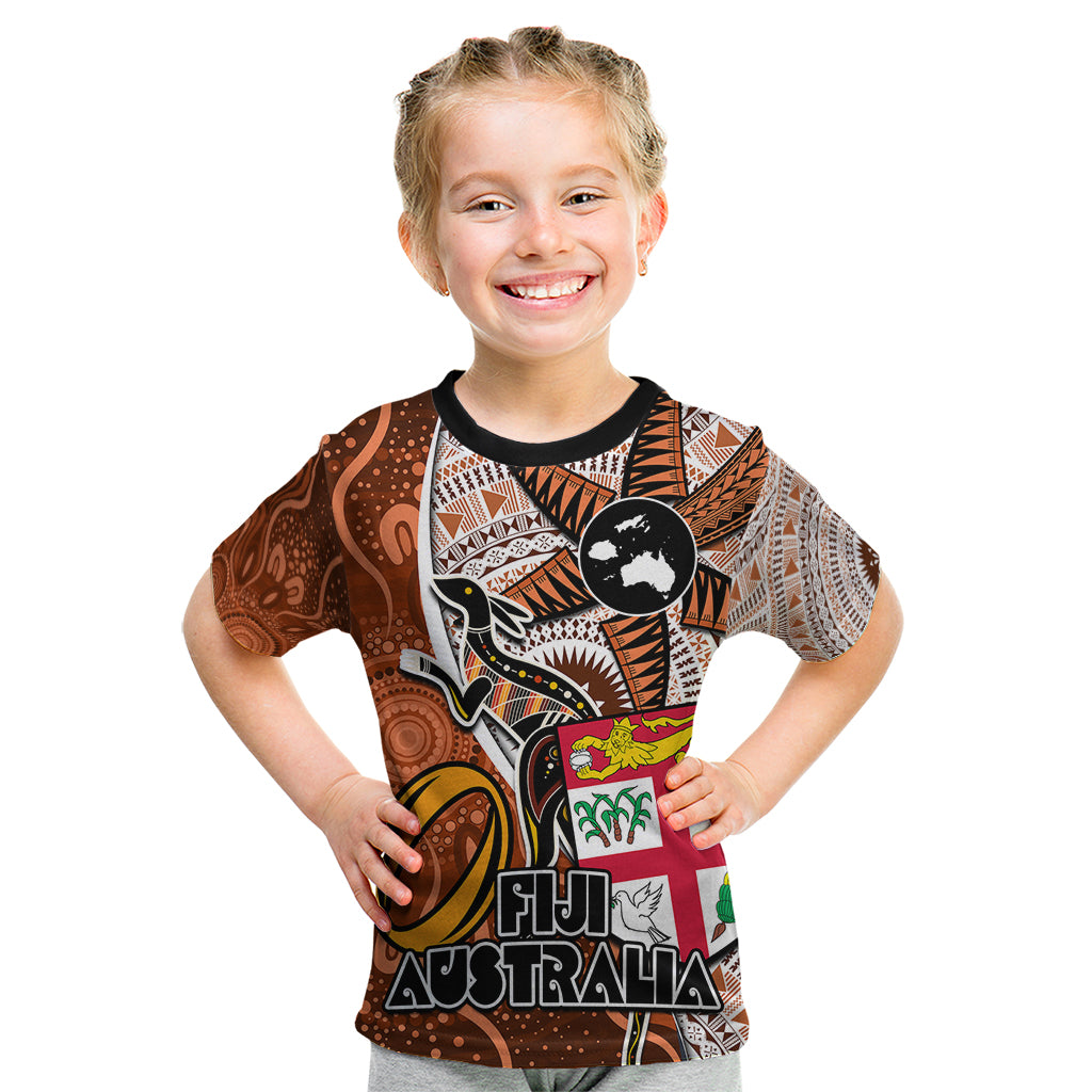 Fiji Australia Rugby Kid T Shirt Kangaroo and Palm Tree Orange Tapa Pattern Mix Aboriginal LT03 Orange - Polynesian Pride
