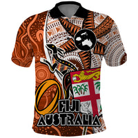 Fiji Australia Rugby Polo Shirt Kangaroo and Palm Tree Orange Tapa Pattern Mix Aboriginal LT03 Orange - Polynesian Pride