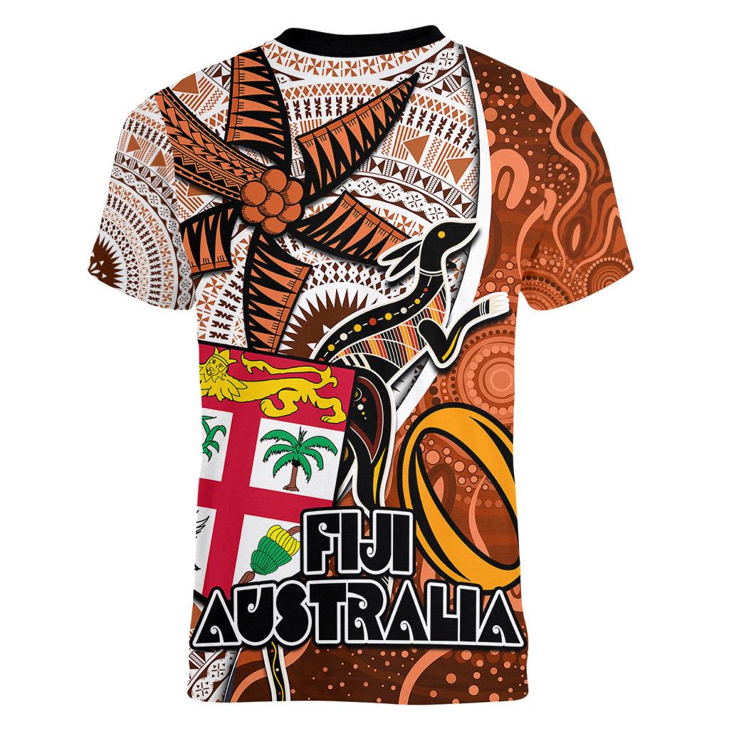 fiji-australia-rugby-women-v-neck-t-shirt-kangaroo-and-palm-tree-orange-tapa-pattern-mix-aboriginal