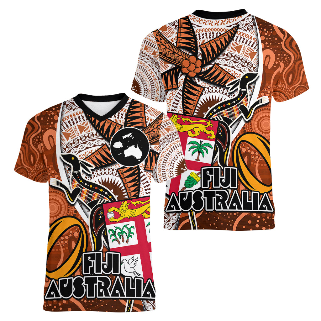 fiji-australia-rugby-women-v-neck-t-shirt-kangaroo-and-palm-tree-orange-tapa-pattern-mix-aboriginal