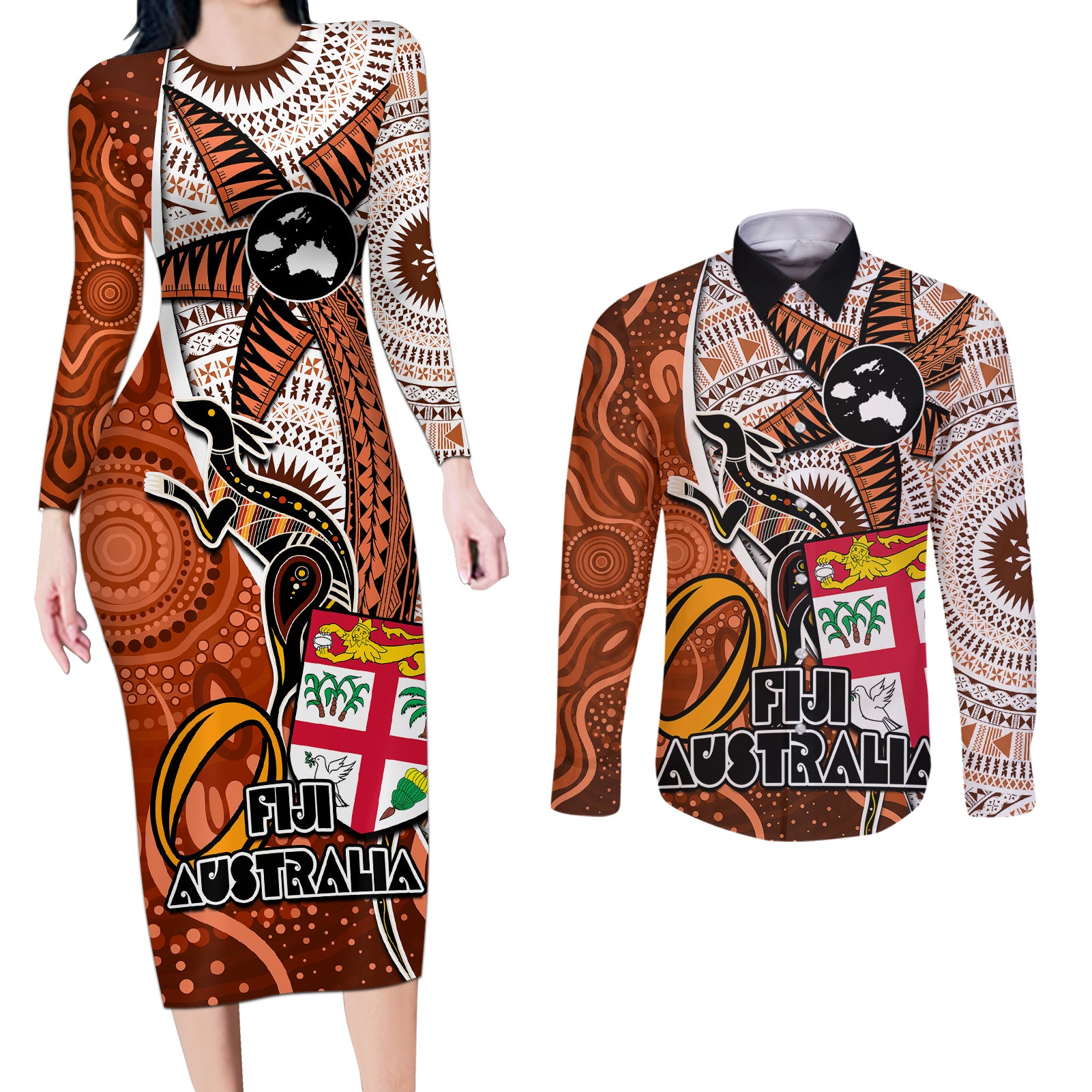 personalised-fiji-australia-rugby-couples-matching-long-sleeve-bodycon-dress-and-long-sleeve-button-shirts-kangaroo-and-palm-tree-orange-tapa-pattern-mix-aboriginal