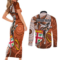 personalised-fiji-australia-rugby-couples-matching-short-sleeve-bodycon-dress-and-long-sleeve-button-shirts-kangaroo-and-palm-tree-orange-tapa-pattern-mix-aboriginal