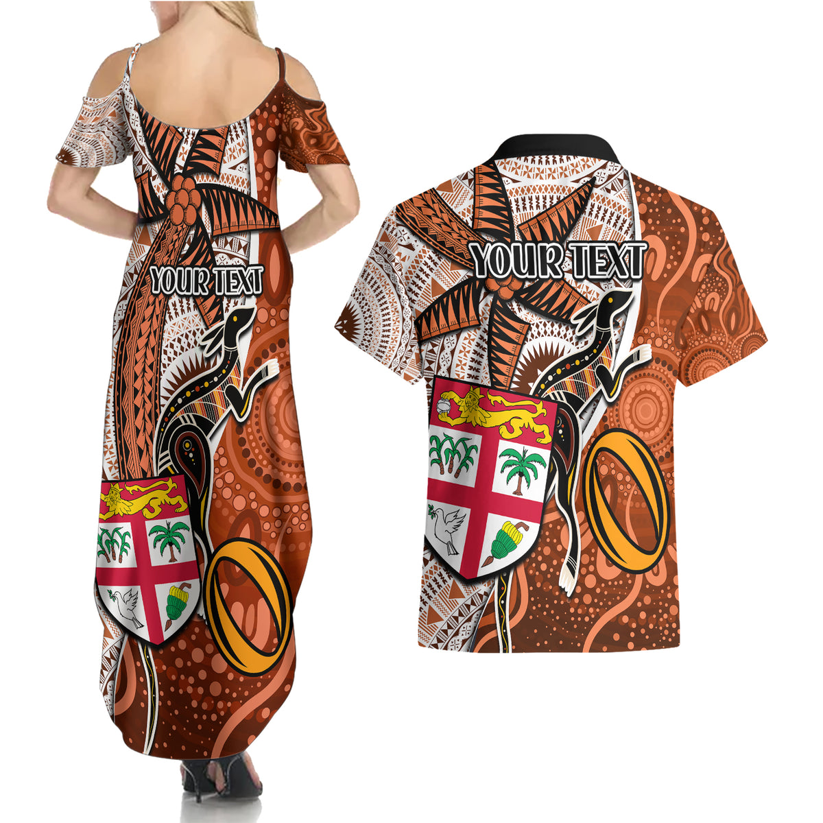 personalised-fiji-australia-rugby-couples-matching-summer-maxi-dress-and-hawaiian-shirt-kangaroo-and-palm-tree-orange-tapa-pattern-mix-aboriginal