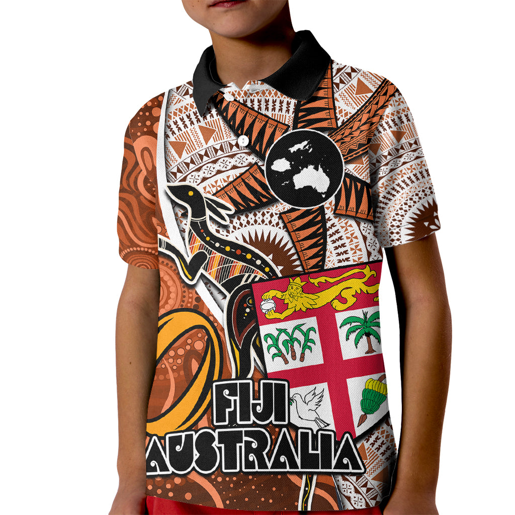 Personalised Fiji Australia Rugby Kid Polo Shirt Kangaroo and Palm Tree Orange Tapa Pattern Mix Aboriginal LT03 Kid Orange - Polynesian Pride