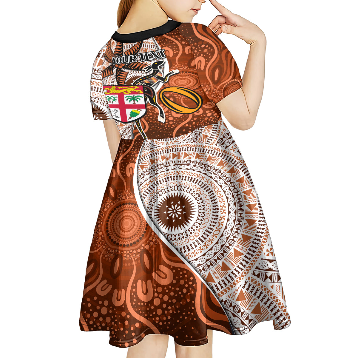 personalised-fiji-australia-rugby-kid-short-sleeve-dress-kangaroo-and-palm-tree-orange-tapa-pattern-mix-aboriginal