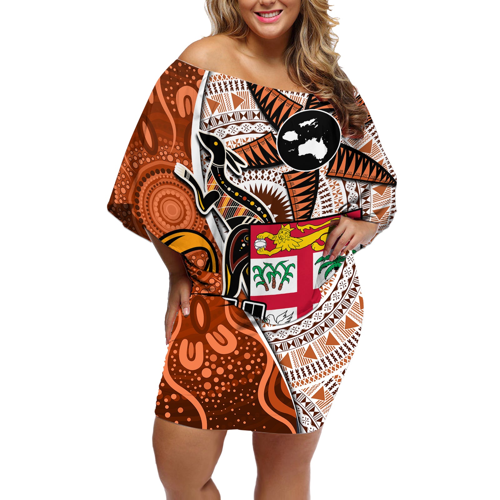 personalised-fiji-australia-rugby-off-shoulder-short-dress-kangaroo-and-palm-tree-orange-tapa-pattern-mix-aboriginal