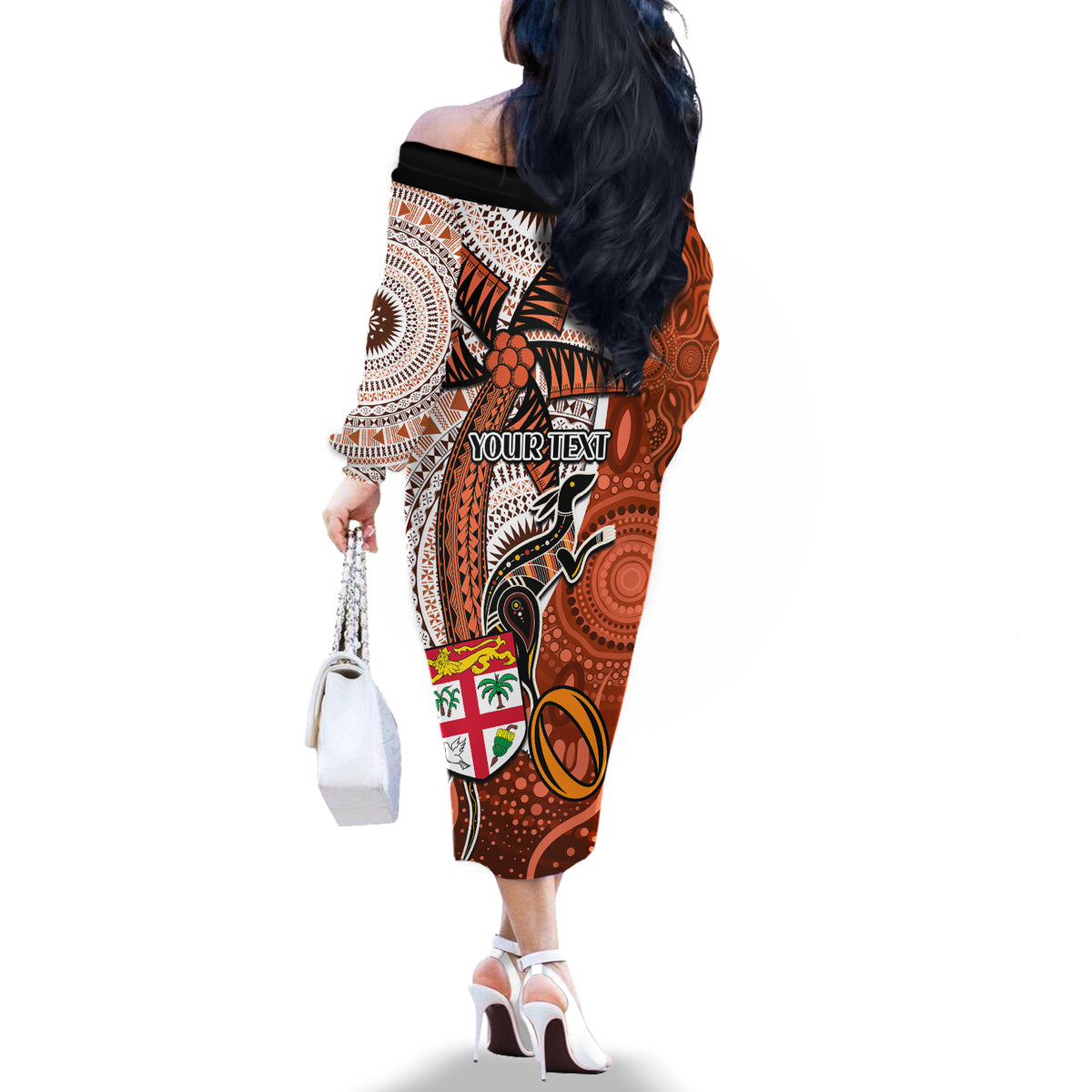 personalised-fiji-australia-rugby-off-the-shoulder-long-sleeve-dress-kangaroo-and-palm-tree-orange-tapa-pattern-mix-aboriginal