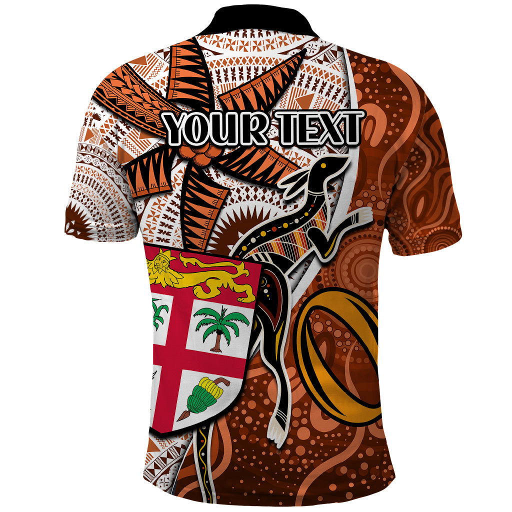 Personalised Fiji Australia Rugby Polo Shirt Kangaroo and Palm Tree Orange Tapa Pattern Mix Aboriginal LT03 - Polynesian Pride