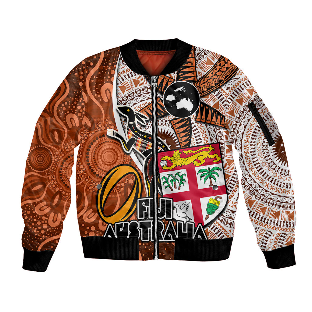 personalised-fiji-australia-rugby-sleeve-zip-bomber-jacket-kangaroo-and-palm-tree-orange-tapa-pattern-mix-aboriginal