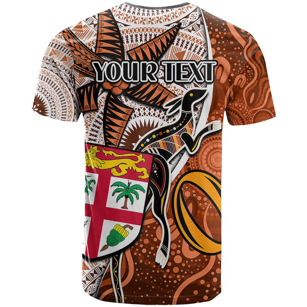 Personalised Fiji Australia Rugby T Shirt Kangaroo and Palm Tree Orange Tapa Pattern Mix Aboriginal LT03 - Polynesian Pride
