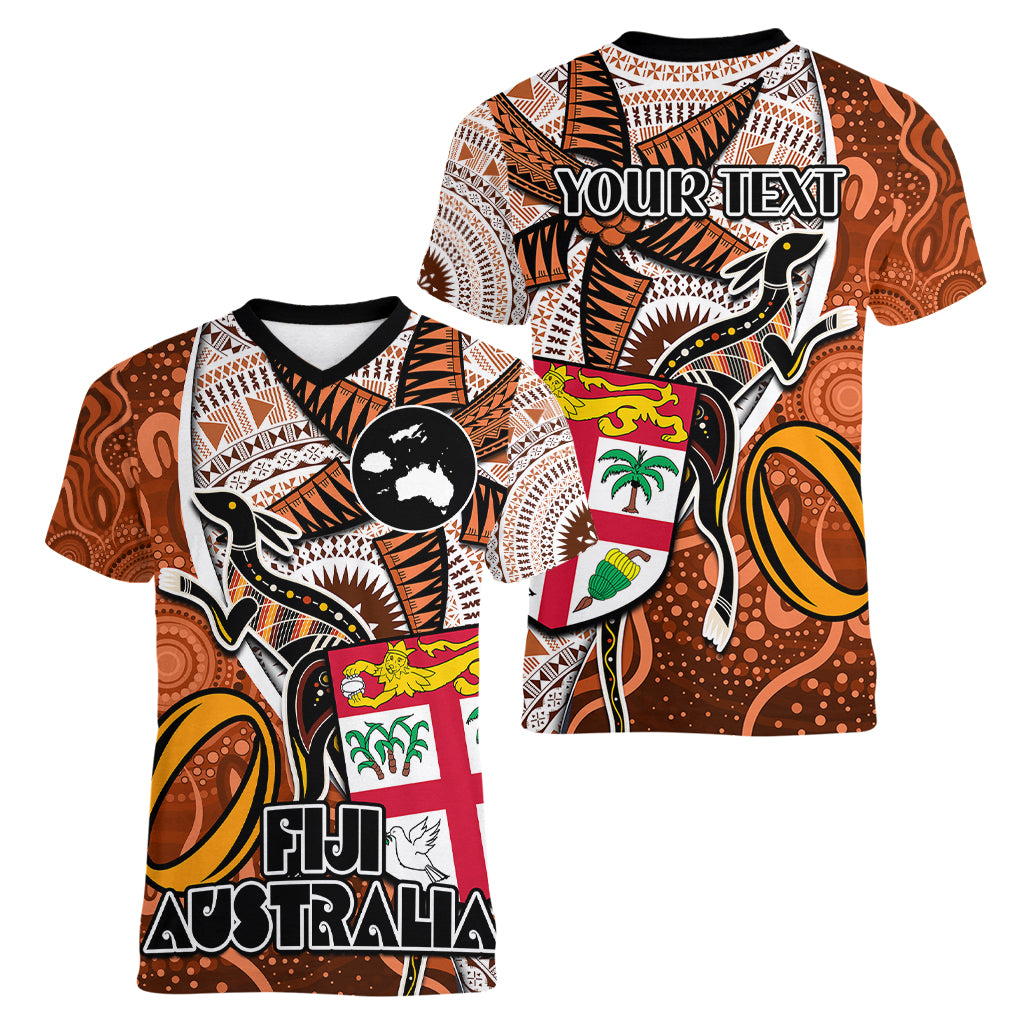 personalised-fiji-australia-rugby-women-v-neck-t-shirt-kangaroo-and-palm-tree-orange-tapa-pattern-mix-aboriginal