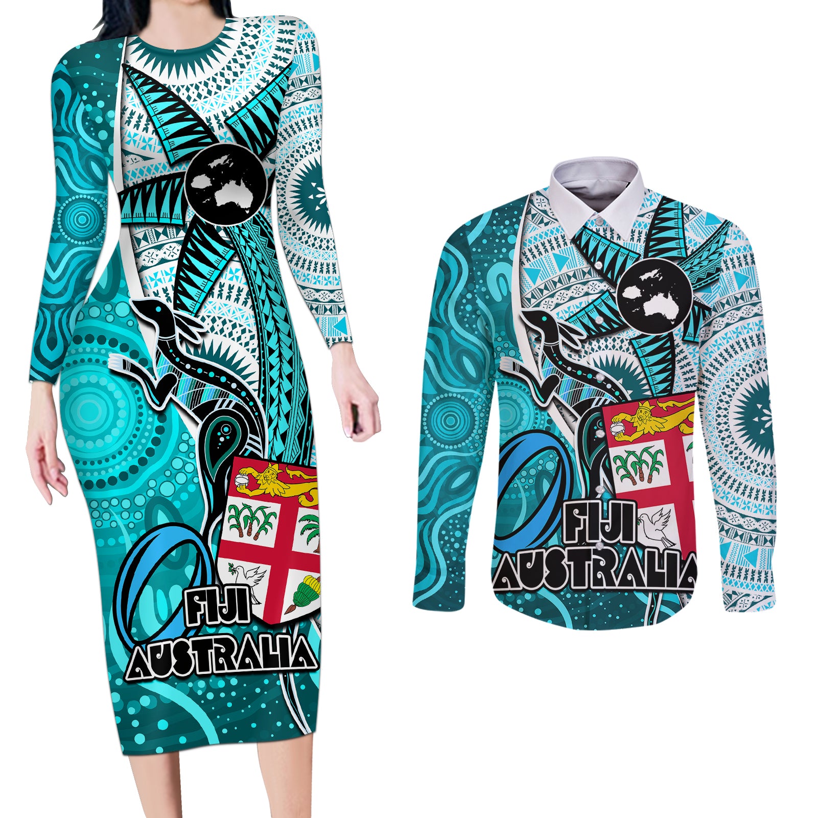 fiji-australia-rugby-couples-matching-long-sleeve-bodycon-dress-and-long-sleeve-button-shirts-kangaroo-and-palm-tree-blue-tapa-pattern-mix-aboriginal