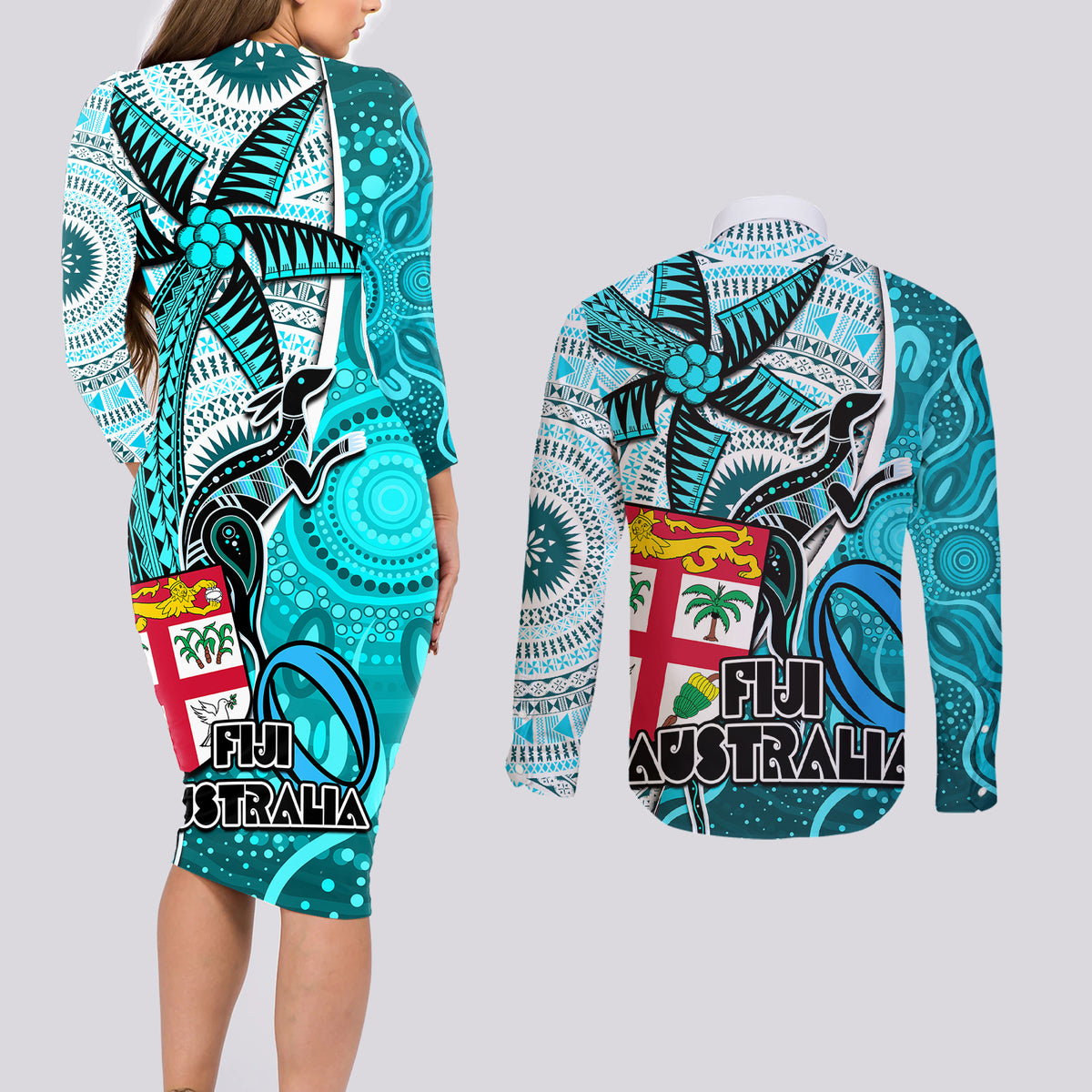 fiji-australia-rugby-couples-matching-long-sleeve-bodycon-dress-and-long-sleeve-button-shirts-kangaroo-and-palm-tree-blue-tapa-pattern-mix-aboriginal
