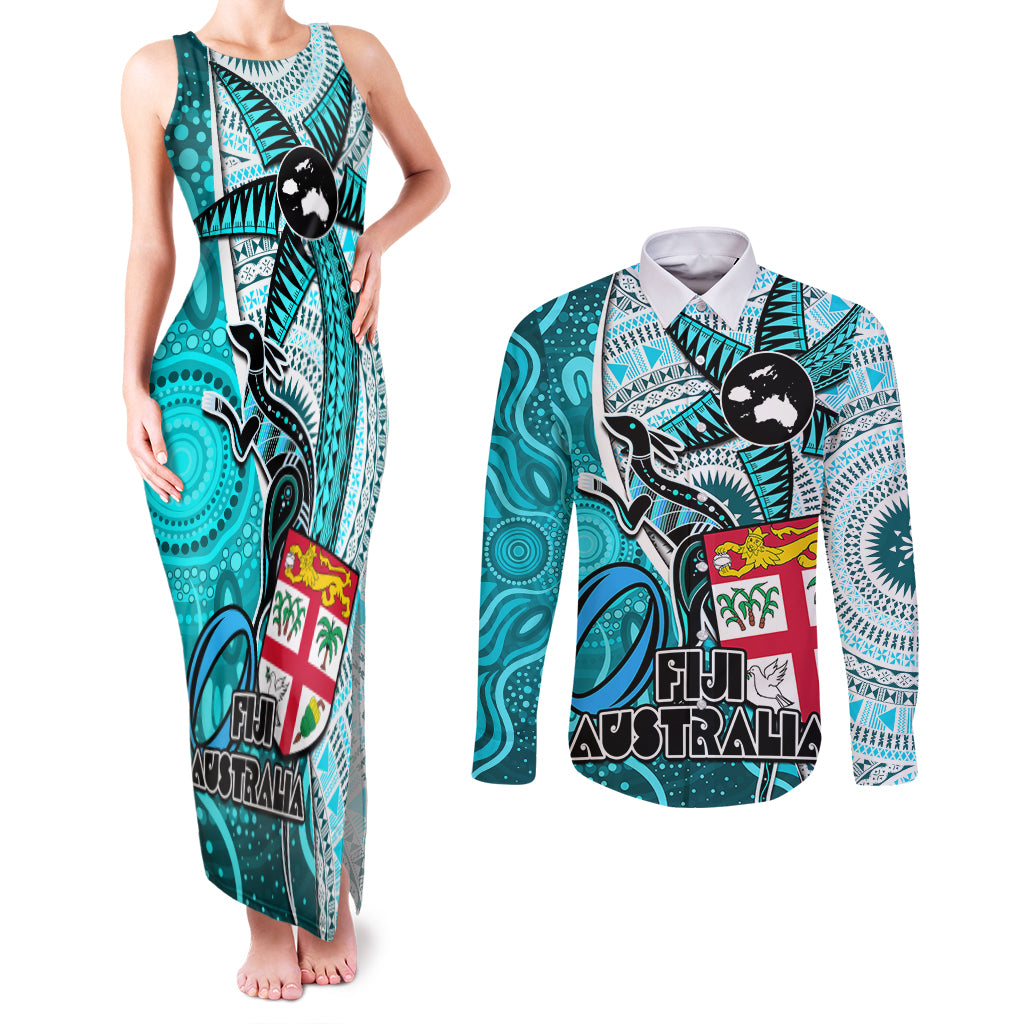 fiji-australia-rugby-couples-matching-tank-maxi-dress-and-long-sleeve-button-shirts-kangaroo-and-palm-tree-blue-tapa-pattern-mix-aboriginal