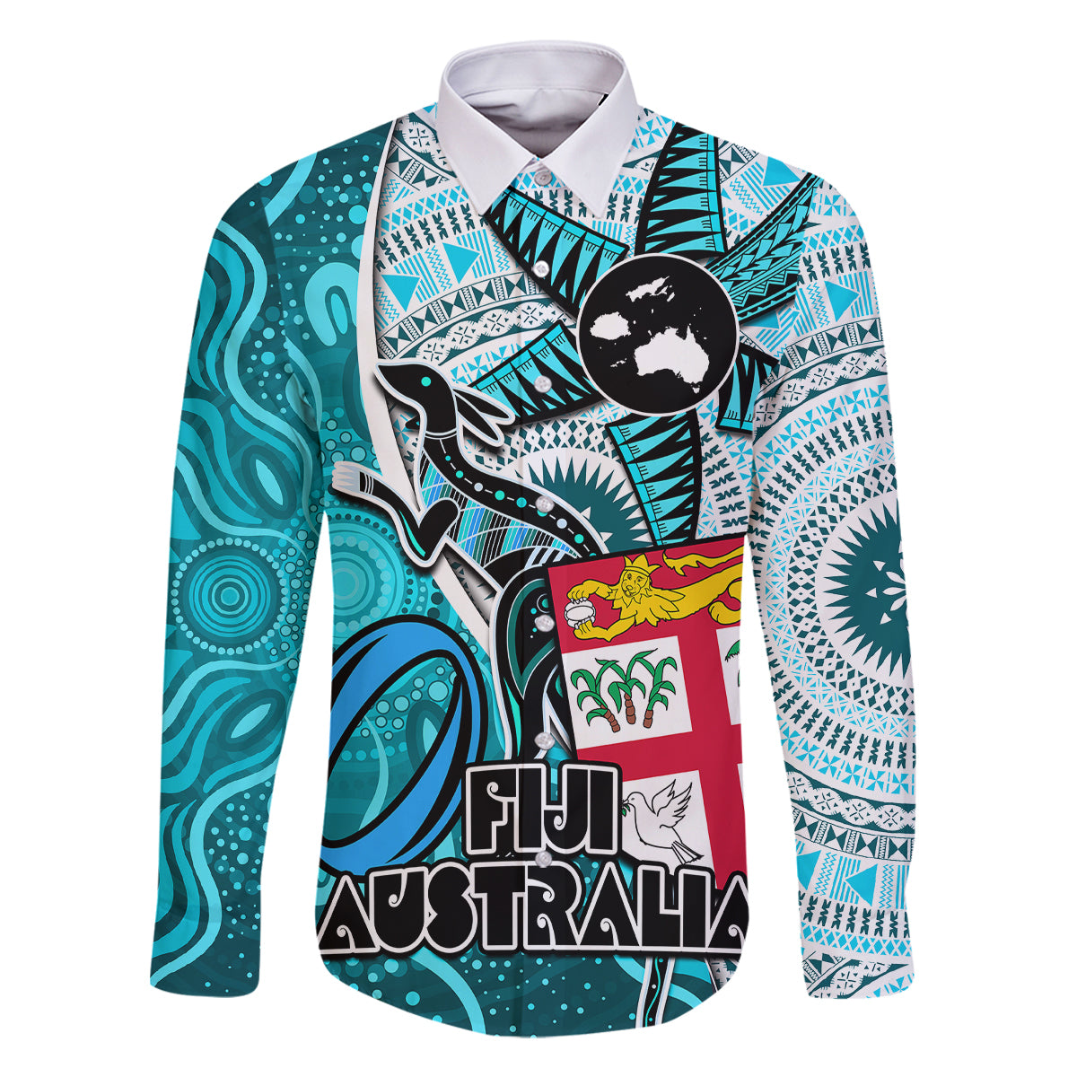fiji-australia-rugby-family-matching-off-shoulder-long-sleeve-dress-and-hawaiian-shirt-kangaroo-and-palm-tree-blue-tapa-pattern-mix-aboriginal