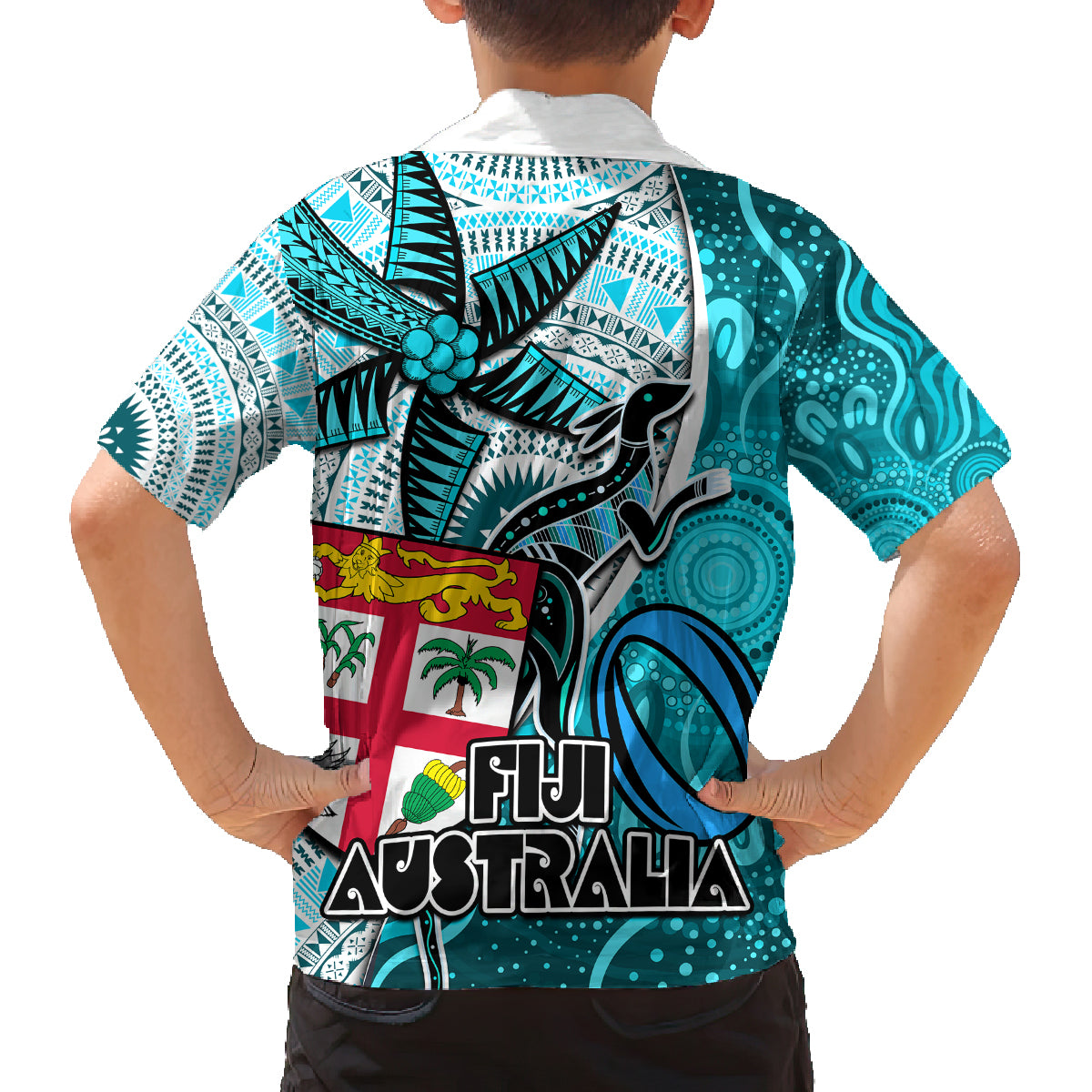 Fiji Australia Rugby Family Matching Puletasi Dress and Hawaiian Shirt Kangaroo and Palm Tree Blue Tapa Pattern Mix Aboriginal LT03 - Polynesian Pride