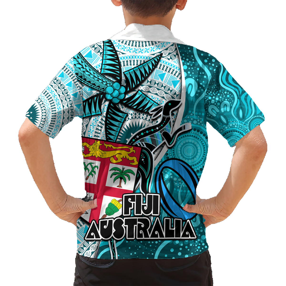 Fiji Australia Rugby Hawaiian Shirt Kangaroo and Palm Tree Blue Tapa Pattern Mix Aboriginal LT03 - Polynesian Pride