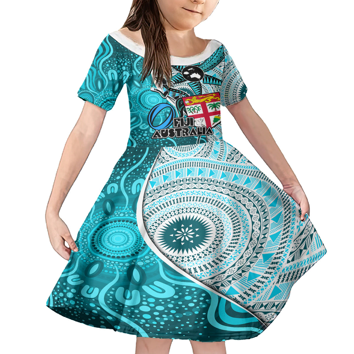 fiji-australia-rugby-kid-short-sleeve-dress-kangaroo-and-palm-tree-blue-tapa-pattern-mix-aboriginal