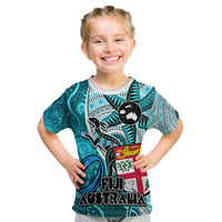 Fiji Australia Rugby Kid T Shirt Kangaroo and Palm Tree Blue Tapa Pattern Mix Aboriginal LT03 Blue - Polynesian Pride