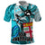Fiji Australia Rugby Polo Shirt Kangaroo and Palm Tree Blue Tapa Pattern Mix Aboriginal LT03 Blue - Polynesian Pride