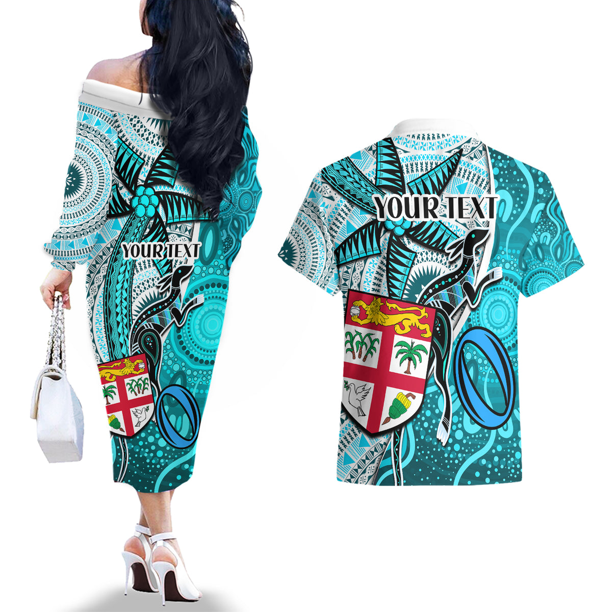 personalised-fiji-australia-rugby-couples-matching-off-the-shoulder-long-sleeve-dress-and-hawaiian-shirt-kangaroo-and-palm-tree-blue-tapa-pattern-mix-aboriginal