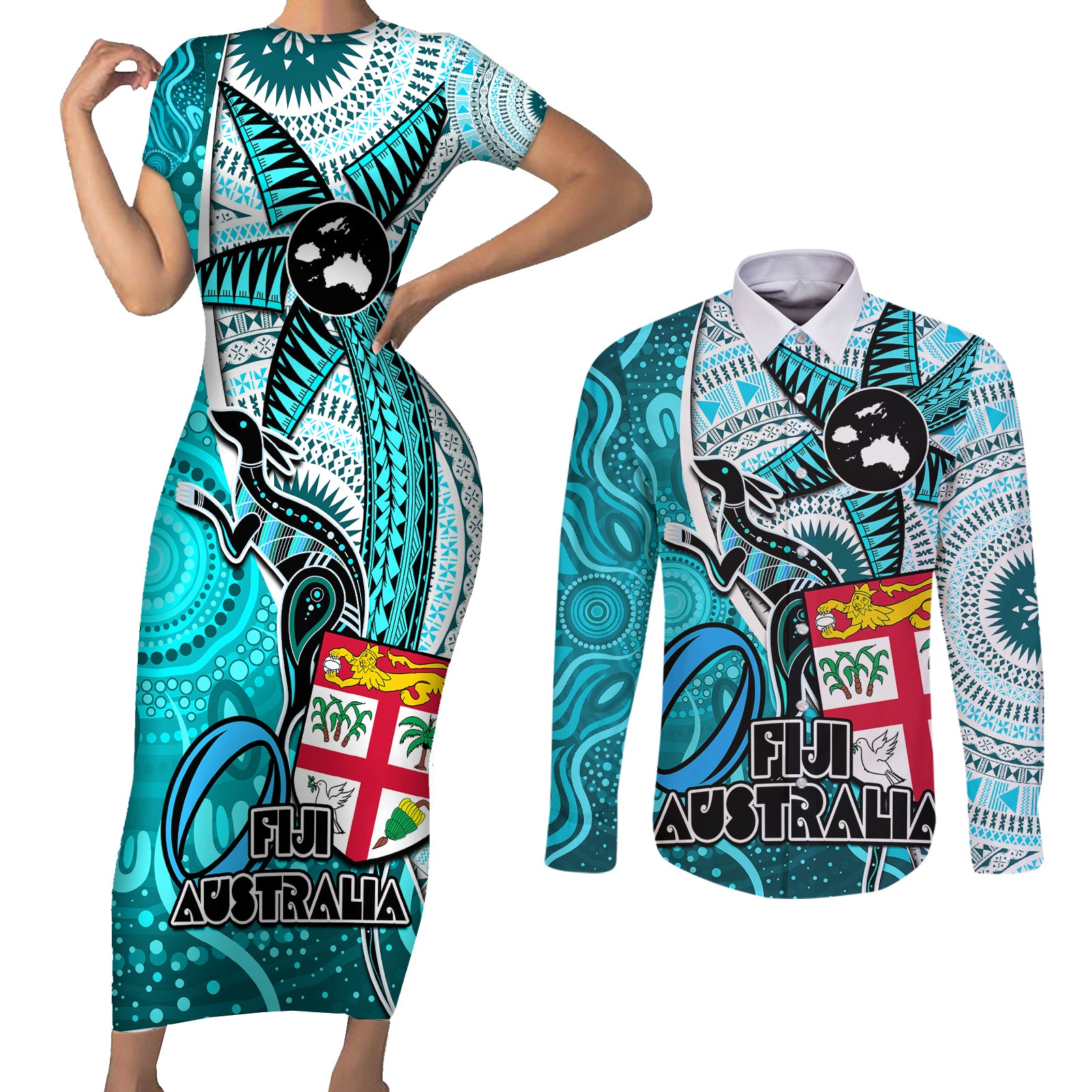 personalised-fiji-australia-rugby-couples-matching-short-sleeve-bodycon-dress-and-long-sleeve-button-shirts-kangaroo-and-palm-tree-blue-tapa-pattern-mix-aboriginal