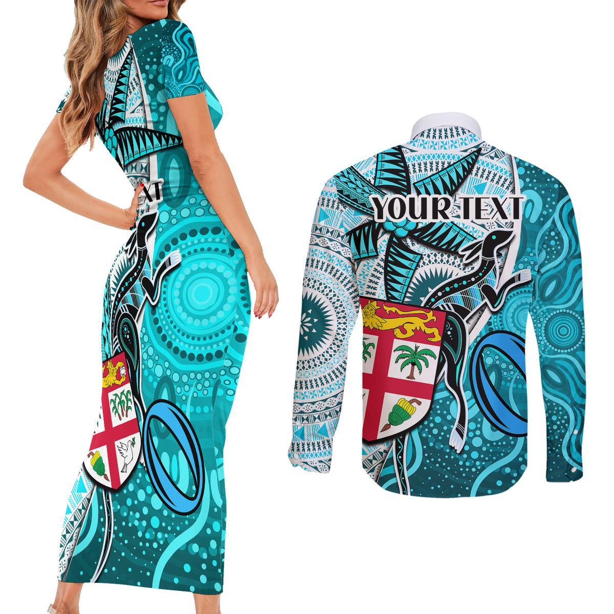 personalised-fiji-australia-rugby-couples-matching-short-sleeve-bodycon-dress-and-long-sleeve-button-shirts-kangaroo-and-palm-tree-blue-tapa-pattern-mix-aboriginal