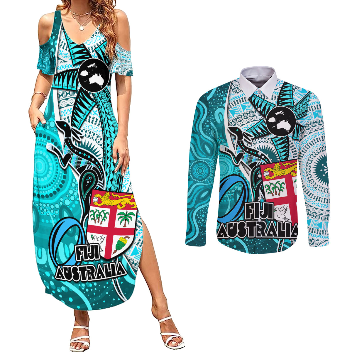 personalised-fiji-australia-rugby-couples-matching-summer-maxi-dress-and-long-sleeve-button-shirts-kangaroo-and-palm-tree-blue-tapa-pattern-mix-aboriginal