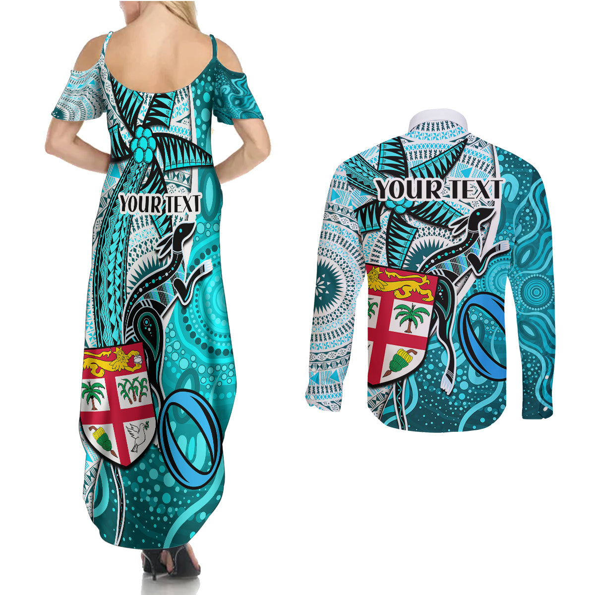 personalised-fiji-australia-rugby-couples-matching-summer-maxi-dress-and-long-sleeve-button-shirts-kangaroo-and-palm-tree-blue-tapa-pattern-mix-aboriginal