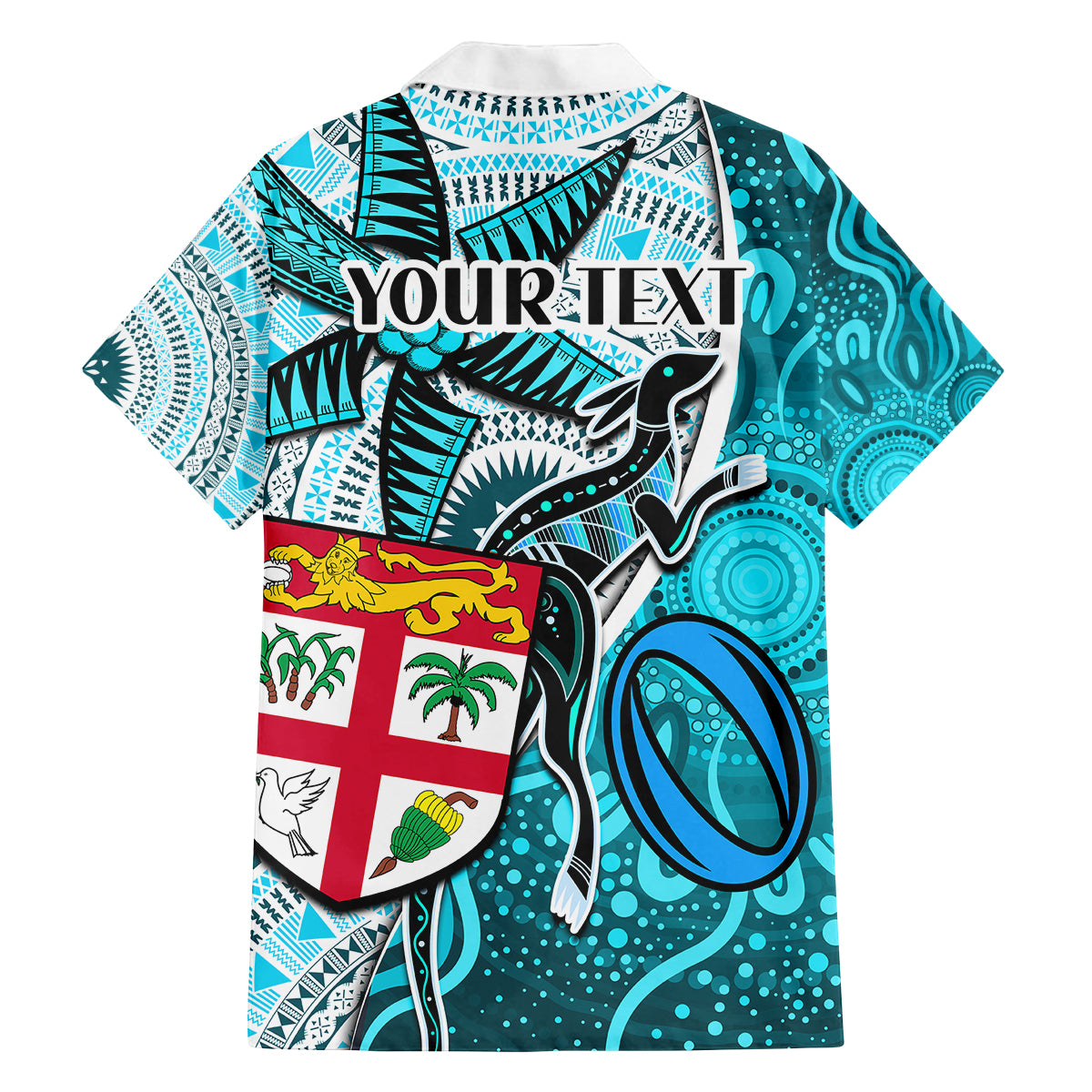 personalised-fiji-australia-rugby-family-matching-off-shoulder-long-sleeve-dress-and-hawaiian-shirt-kangaroo-and-palm-tree-blue-tapa-pattern-mix-aboriginal