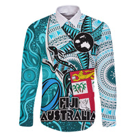 Personalised Fiji Australia Rugby Family Matching Puletasi Dress and Hawaiian Shirt Kangaroo and Palm Tree Blue Tapa Pattern Mix Aboriginal LT03 Dad's Shirt - Long Sleeve Blue - Polynesian Pride