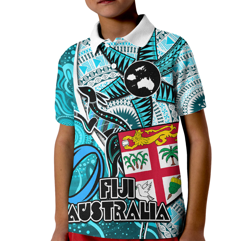 Personalised Fiji Australia Rugby Kid Polo Shirt Kangaroo and Palm Tree Blue Tapa Pattern Mix Aboriginal LT03 Kid Blue - Polynesian Pride
