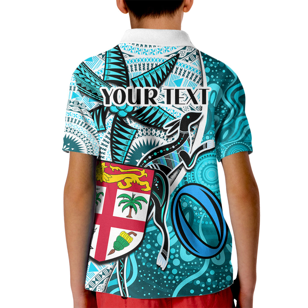 Personalised Fiji Australia Rugby Kid Polo Shirt Kangaroo and Palm Tree Blue Tapa Pattern Mix Aboriginal LT03 - Polynesian Pride