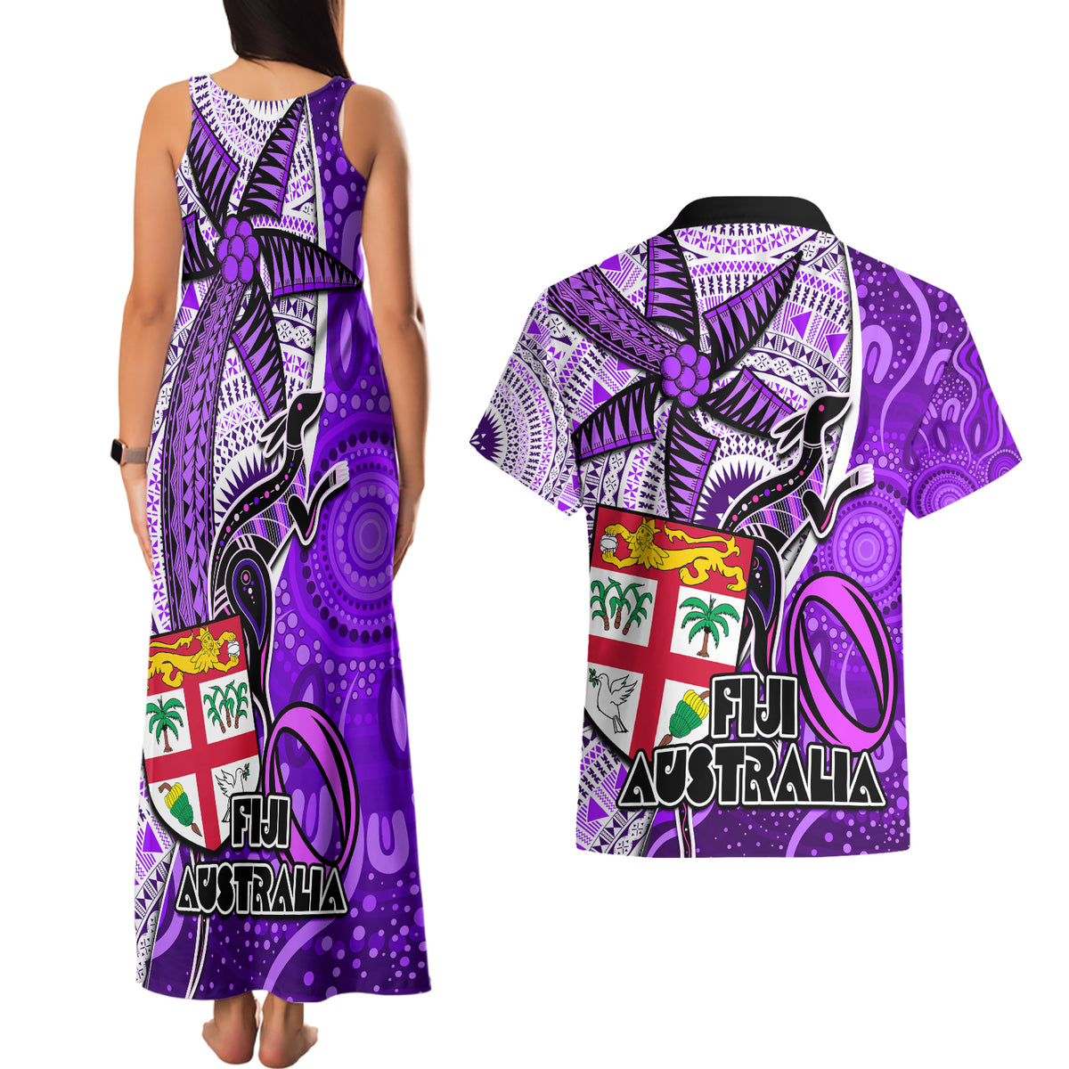 fiji-australia-rugby-couples-matching-tank-maxi-dress-and-hawaiian-shirt-kangaroo-and-palm-tree-purple-tapa-pattern-mix-aboriginal