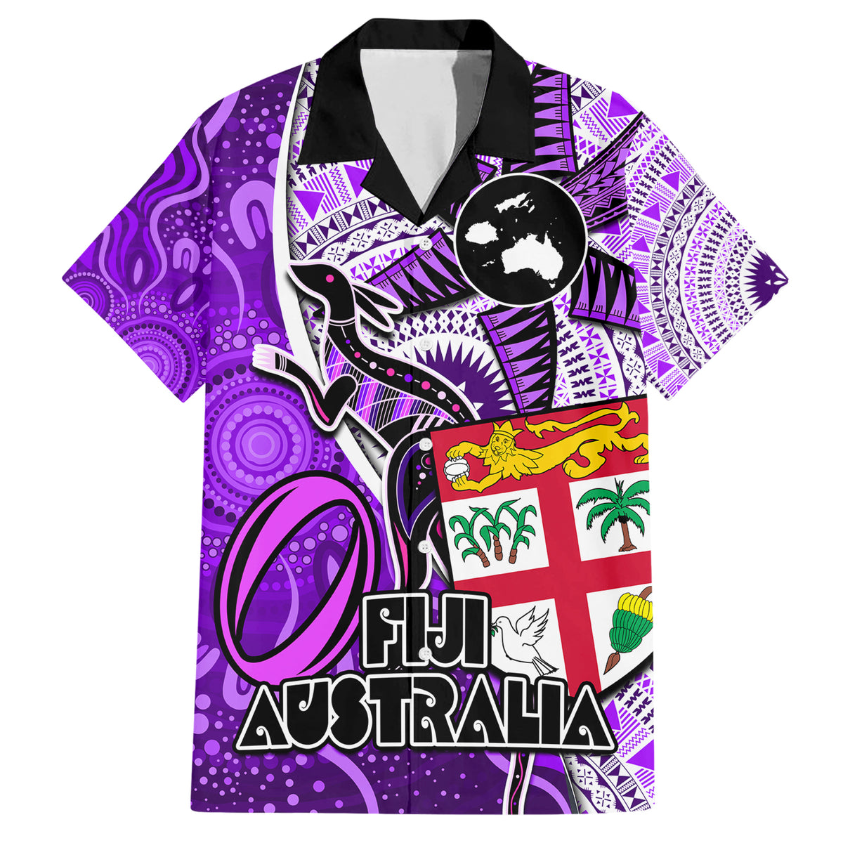 fiji-australia-rugby-family-matching-short-sleeve-bodycon-dress-and-hawaiian-shirt-kangaroo-and-palm-tree-purple-tapa-pattern-mix-aboriginal