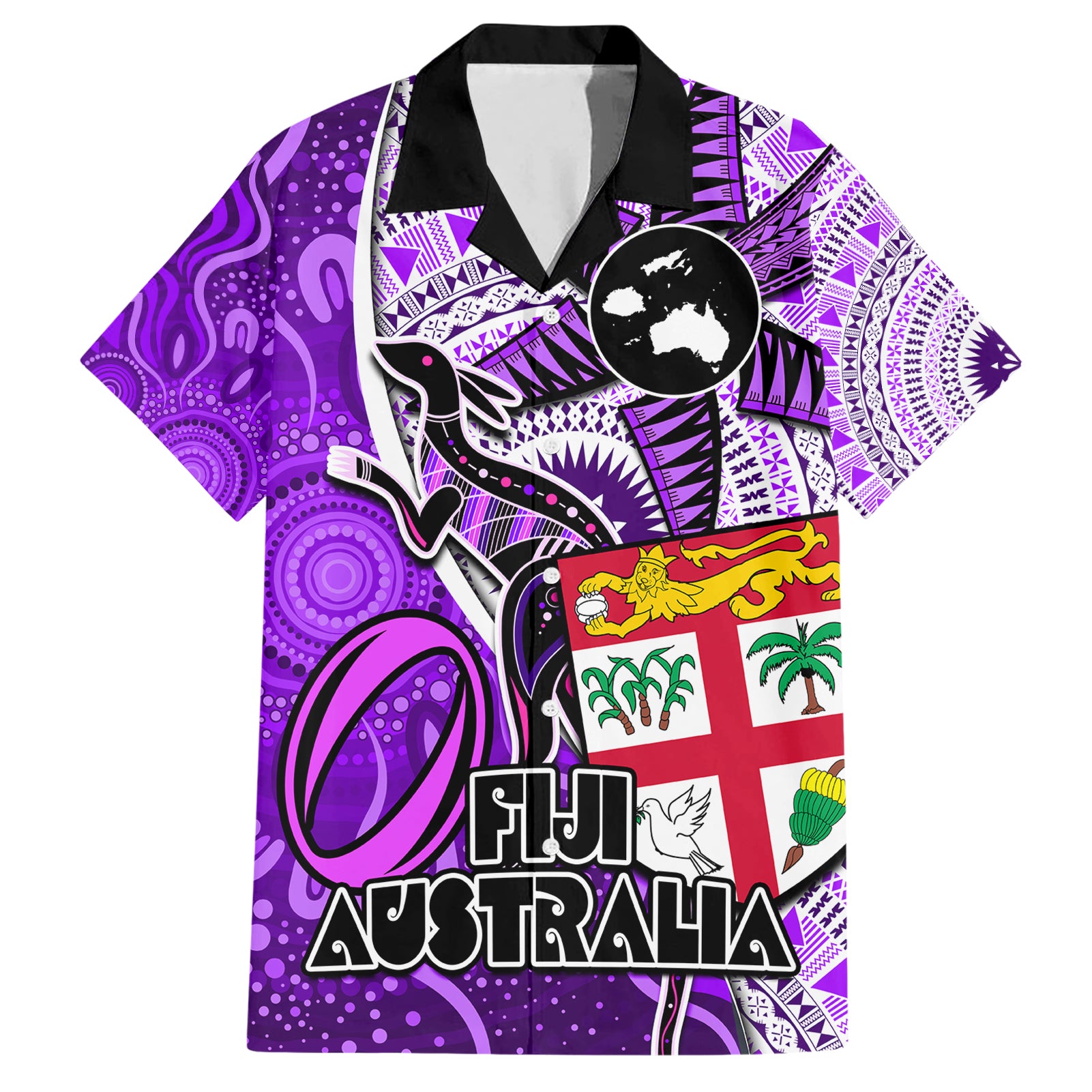 Fiji Australia Rugby Hawaiian Shirt Kangaroo and Palm Tree Purple Tapa Pattern Mix Aboriginal LT03 Purple - Polynesian Pride