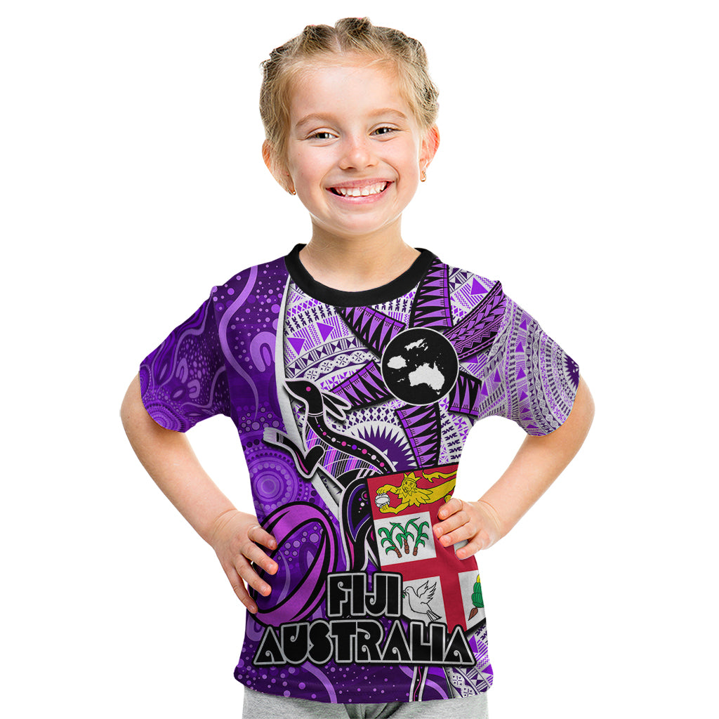 Fiji Australia Rugby Kid T Shirt Kangaroo and Palm Tree Purple Tapa Pattern Mix Aboriginal LT03 Purple - Polynesian Pride