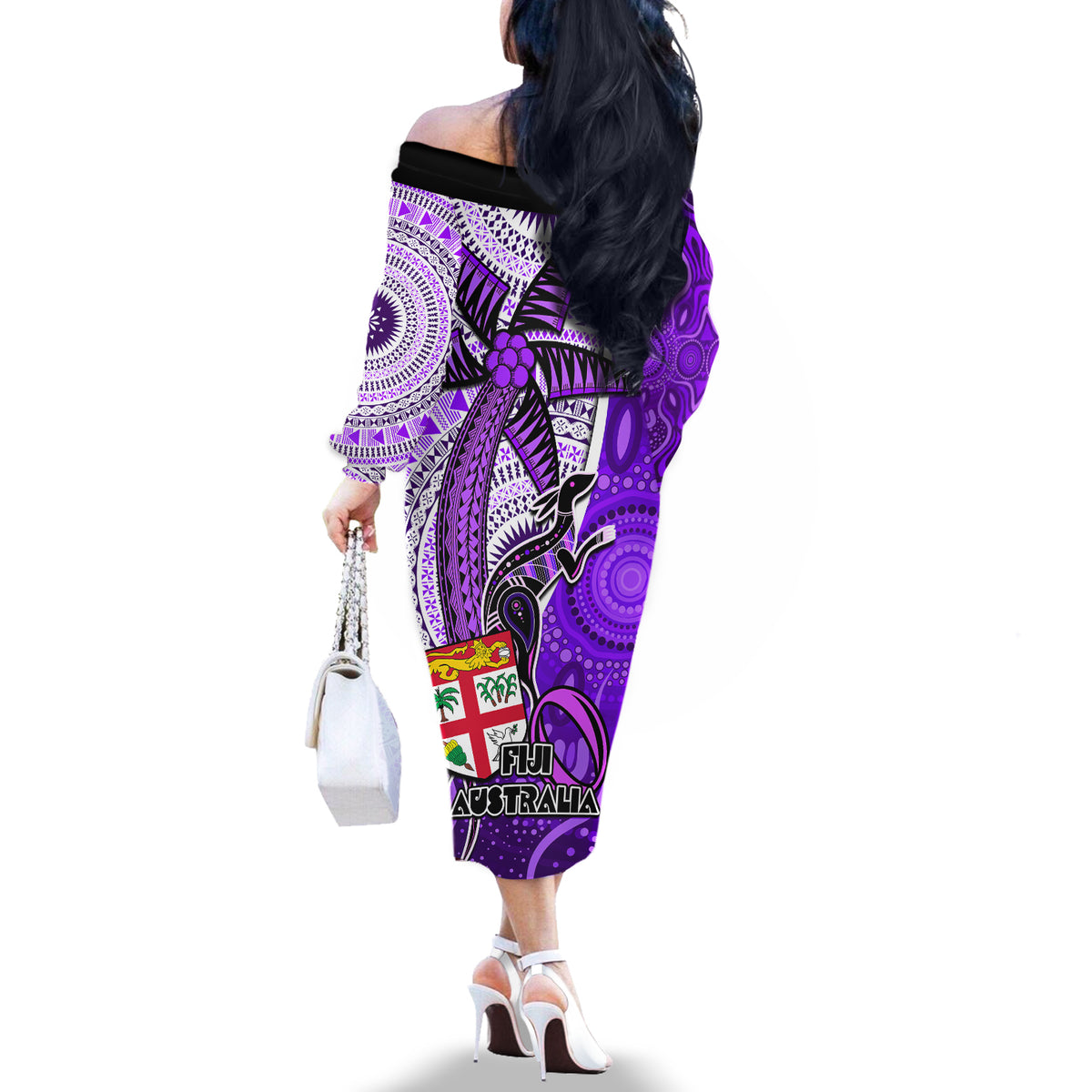 fiji-australia-rugby-off-the-shoulder-long-sleeve-dress-kangaroo-and-palm-tree-purple-tapa-pattern-mix-aboriginal