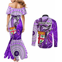 personalised-fiji-australia-rugby-couples-matching-mermaid-dress-and-long-sleeve-button-shirts-kangaroo-and-palm-tree-purple-tapa-pattern-mix-aboriginal