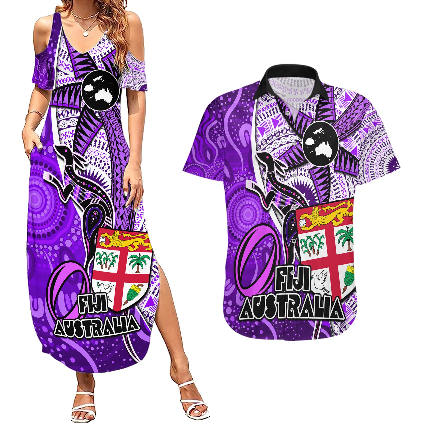 personalised-fiji-australia-rugby-couples-matching-summer-maxi-dress-and-hawaiian-shirt-kangaroo-and-palm-tree-purple-tapa-pattern-mix-aboriginal