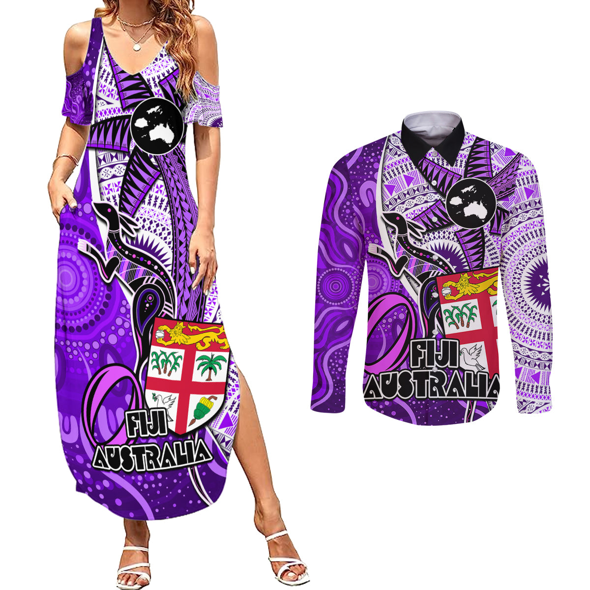 personalised-fiji-australia-rugby-couples-matching-summer-maxi-dress-and-long-sleeve-button-shirts-kangaroo-and-palm-tree-purple-tapa-pattern-mix-aboriginal