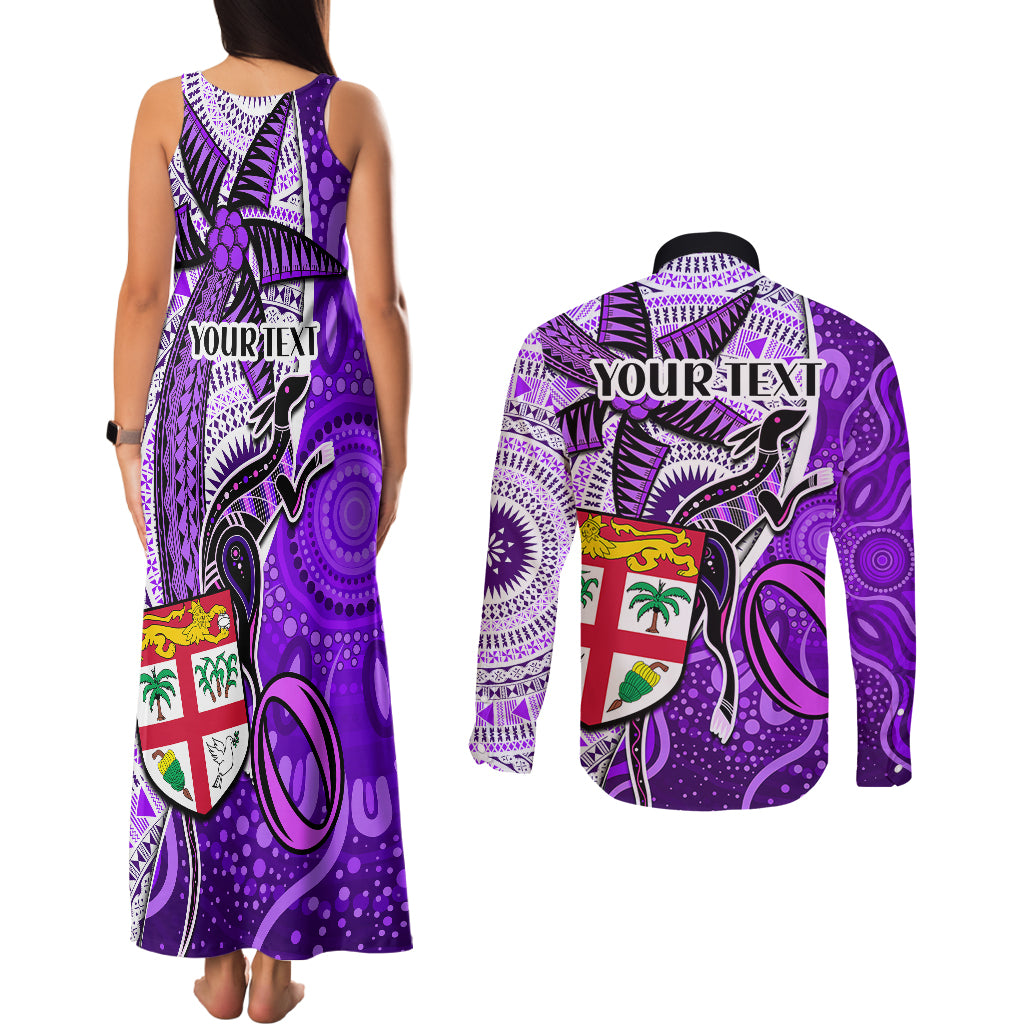 personalised-fiji-australia-rugby-couples-matching-tank-maxi-dress-and-long-sleeve-button-shirts-kangaroo-and-palm-tree-purple-tapa-pattern-mix-aboriginal