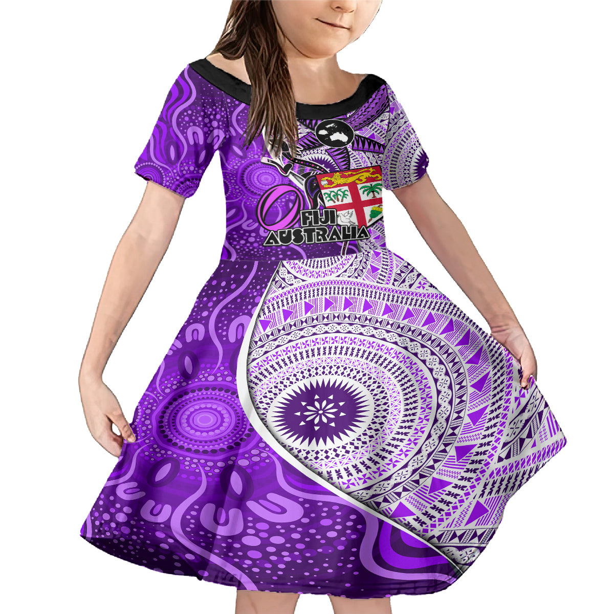 personalised-fiji-australia-rugby-family-matching-mermaid-dress-and-hawaiian-shirt-kangaroo-and-palm-tree-purple-tapa-pattern-mix-aboriginal