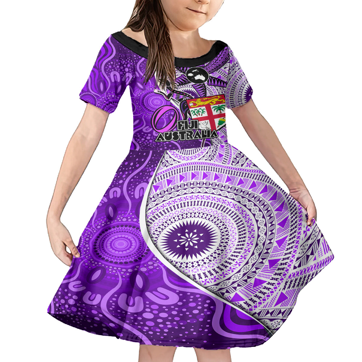 personalised-fiji-australia-rugby-kid-short-sleeve-dress-kangaroo-and-palm-tree-purple-tapa-pattern-mix-aboriginal